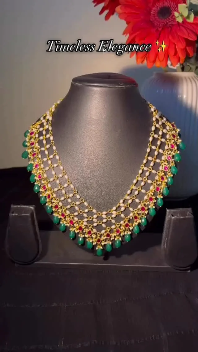 Pearl, gold and emerald-tone jewellery by Alankara