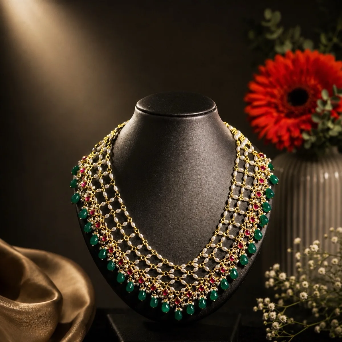 Gold-tone necklace with pearls and emerald hues from Alankara
